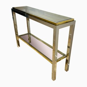 French Brass, Chrome & Clear Glass Two-Tiered Console Table from Maison Jean Charles, 1970s