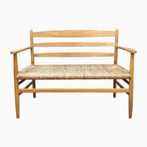 French Beech and Rush Bench Sofa, 1950s