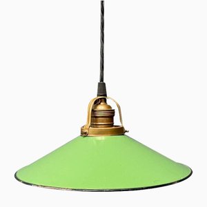 Lampe à Suspension en Émail Vert avec Fixation en Laiton