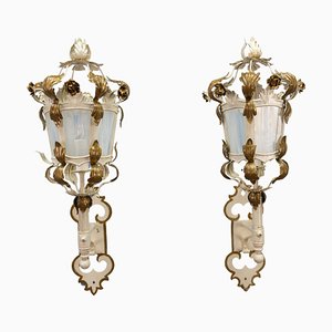 Italian White and Golden Color Metal and Glass Wall Lanterns, 1970s, Set of 2