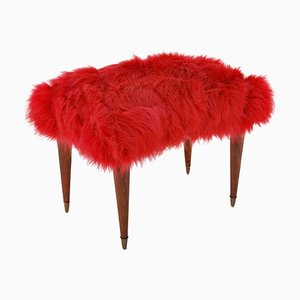 Footstool with Faux Fur Seat, 1940s