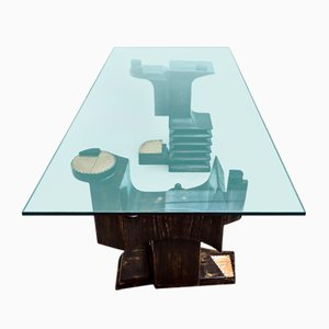 Vintage Italian Brutalist Hand Carved Wood and Glass Dining Table by Nerone Giovanni Ceccarelli, 1970s