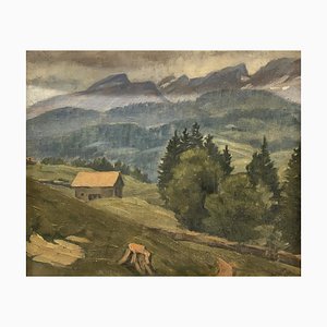 Edoardo de Grada, Paysage des Alpes Suisse, 1923, huile sur toile marouflée sur carton, encadrée