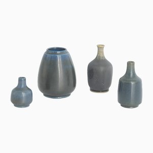 Small Mid-Century Scandinavian Modern Collectible Blue & Brown Stoneware Vase by Gunnar Borg for Gunnars Keramik Höganäs, 1960s, Set of 4