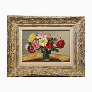 Primo Dolzan, Small Roses, Oil on Canvas, 1933, Framed