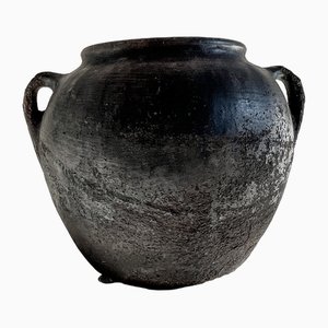 Maceta Folk antigua grande de cerámica negra, Balcanes