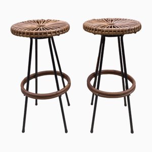 Mid-Century High Bar Stools in Metal and Rattan by Dirk van Sliedregt for Rohé Noordwolde, 1950s, Set of 2