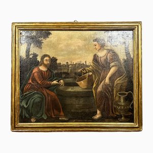 Artista italiano, El encuentro del samaritano y Jesucristo, siglo XVII, óleo sobre lienzo, Enmarcado