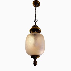 Italian Brass & Etched Frosted Murano Glass Pendant Lamp by Gaetano Sciolari for Sciolari, 1960s