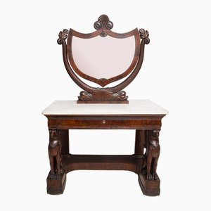 Antique Neapolitan Empire Dressing Table in Mahogany Feather with White Marble Top, 19th Century