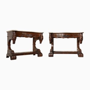 Antique Louis Philippe Console Tables in Mahogany with White Marble Tops, 19th Century, Set of 2