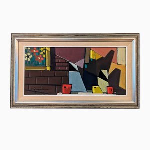 Jarras cubistas, años 50, pintura al óleo, con marco