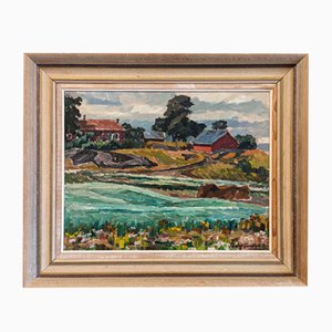 Pasture Houses, 1950s, Oil Painting, Framed