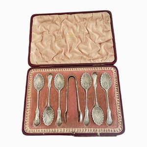 Antique Victorian Silver Spoons and Sugar Tongs, 1899, Set of 7