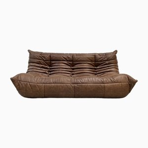 Mid-Century French Togo Sofa in Brown Leather by Michel Ducaroy for Ligne Roset