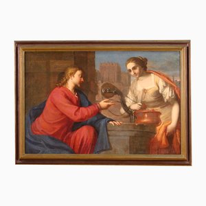 Artista de la escuela italiana, Jesús y la mujer samaritana en el pozo, siglo XVII, óleo sobre lienzo