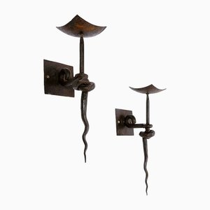 Brutalist Wrought Iron Wall Candleholders, Set of 2