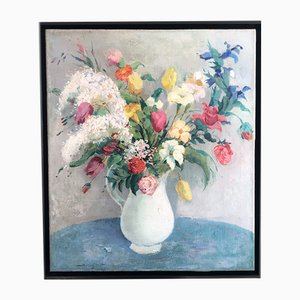 Hessel De Boer, Bodegón de flores con narcisos, tulipanes, rosas y lilas, años 70, óleo sobre lienzo, enmarcado