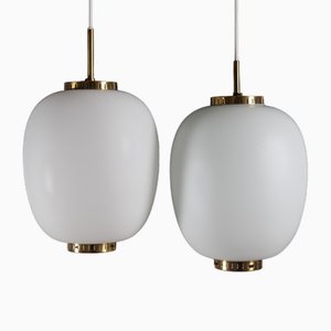 China Pendant Lights in Opaline Glass and Brass by Bent Karlby for Lyfa, 1960s, Set of 2