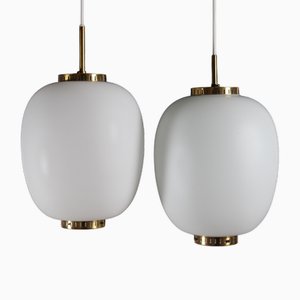 Lampes à Suspension en Verre Opalin et Laiton par Bent Karlby pour Lyfa, Chine, 1960s, Set de 2