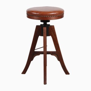 Danish Sculptural 3-Legged Wood Swivel Stool with Leather Seat by Fritz Hansen, 1920s