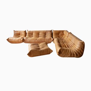 Camel Brown Leather Togo Living Room Set by Michel Ducaroy for Ligne Roset, Set of 5