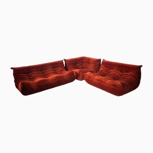 Sedie angolari in velluto color ambra, divani a 2 e 3 posti di Michel Ducaroy per Ligne Roset, set di 3