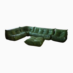 Togo Living Room Set in Green Leather by Michel Ducaroy for Ligne Roset, 1979, Set of 5