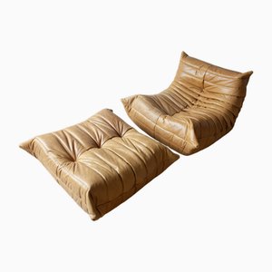 Togo Lounge Chair and Pouf in Camel Brown Leather by Michel Ducaroy for Ligne Roset, Set of 2