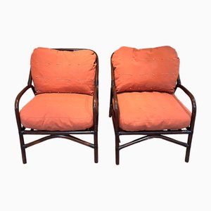 Manou Rattan Armchairs with Orange Cushions, 1980s, Set of 2