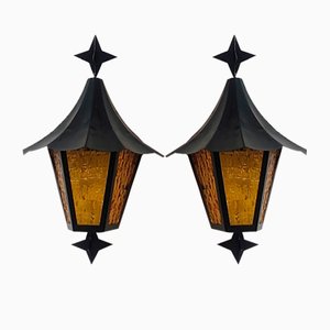 Metal and Glass Wall Lanterns, Spain, 1980s, Set of 2