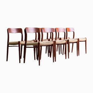 Chaises de Salle à Manger Modèle 75 en Teck et Corde en Papier par Niels Otto (NO) Møller pour JL Møllers, Danemark, 1970s, Set de 8