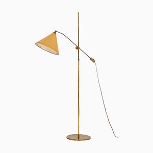 Floor Lamp in Brass with Original Yellow Lamp Shade, 1950s