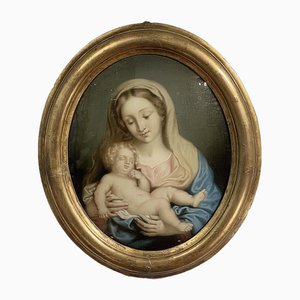 Madonna and Child, 19th Century, Painting on Glass, Framed