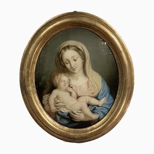 Vierge à l'Enfant, 19ème Siècle, Peinture sur Verre, Encadrée