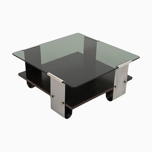 Mid-Century Coffee Table in Steel, Wood & Glass by Francois Monnet, France, 1970s
