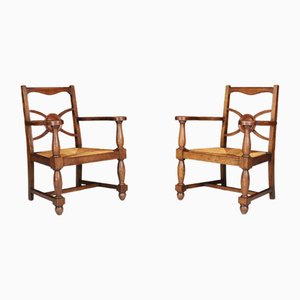 French Art Deco Armchairs in Oak and Rush, 1930s, Set of 2