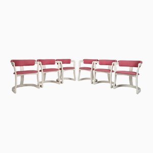 Curved-Shaped Dining Chairs in White Lacquered Wood and Upholstery, 1960s, Set of 6