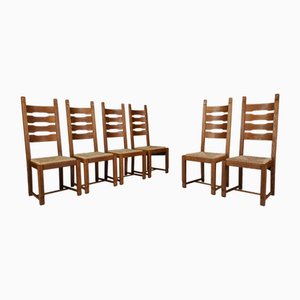 High Back Oak and Rush Dining Chairs, 1960s, Set of 6