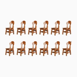 Brutalist Oak Dining Chairs, 1960s, Set of 12