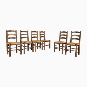 French Chalet Chairs in Oak and Rush by Georges Robert, 1950s, Set of 6