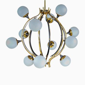 Mid-Century Chandelier in Brass and 12 Opaline Globes from Stilnovo, Italy 1950s