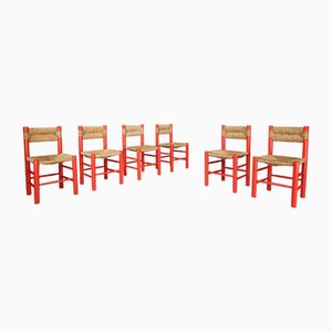 Rot lackierte Buche & Rush Esszimmerstühle von Charlotte Perriand, 1960er, 6er Set