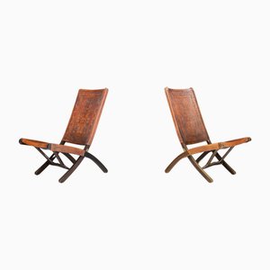 Set of Cognac-Colored Saddle Leather Folding Chairs Ecuador from Angel I. Pazmino, 1970s