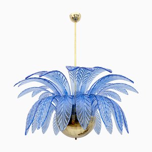 Mid-Century Modern Palm Leaf Chandelier in Murano Glass and Brass, 1970s