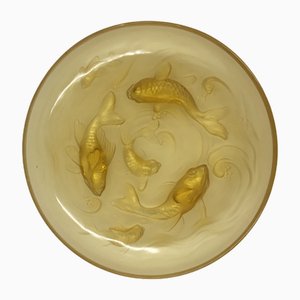 Large Art Deco Glass Bowl with Goldfishes in Yellow Colour by Verlys, France, 1930s