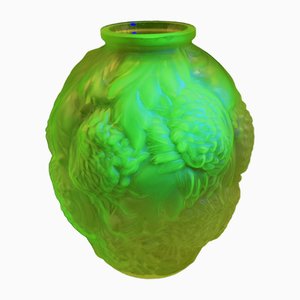 French Art Deco Uranium Glass Globe Vase with Chrysanthemum Motif, 1930s