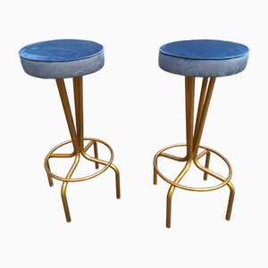 Stools in Brass, Wood & Upholstery, 1950s, Set of 2