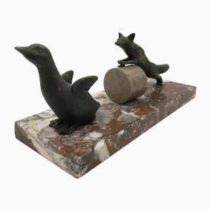 French Art Deco Spelter on Marble Sculpture of Fox Hunting Goose in the style of Irénée Rochard, 1920s