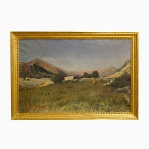 Artista italiano, Paesaggio con cacciatore, 1899, Olio su tela, con cornice